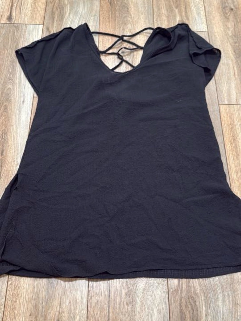Women's Black Short Sleeve Top with Strappy Back